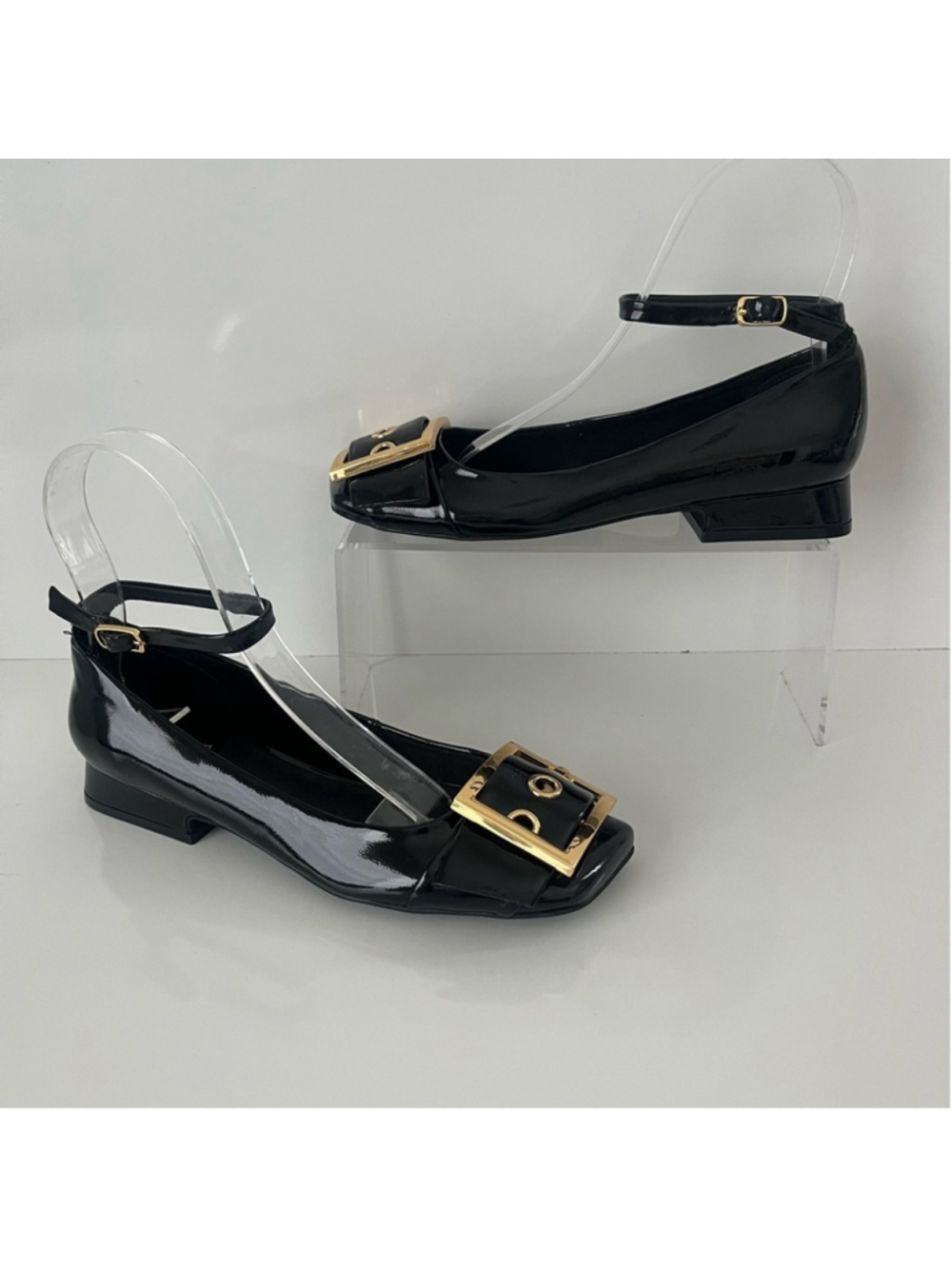 Jeffrey Campbell So Cute Ankle Strap Ballet Flat Square Toe Crinkle Patent Black - Picture 4 of 16